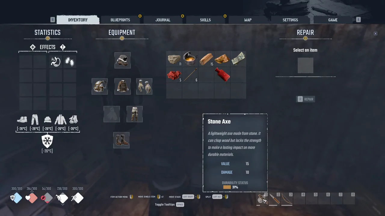 Stone Axe highlighted in the hotbar with its durability tooltip while the Repair panel waits for a selection