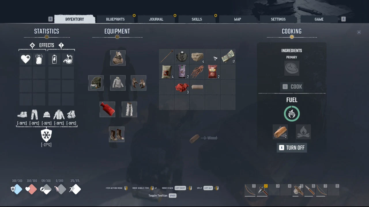 Cooking panel on the inventory screen showing a lit fire fuelled with two wood and the fuel timer counting down