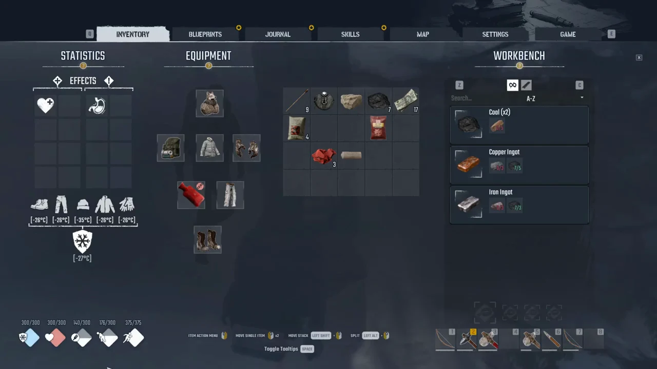 The furnace crafting panel open, listing Coal, Copper Ingot, and Iron Ingot recipes.
