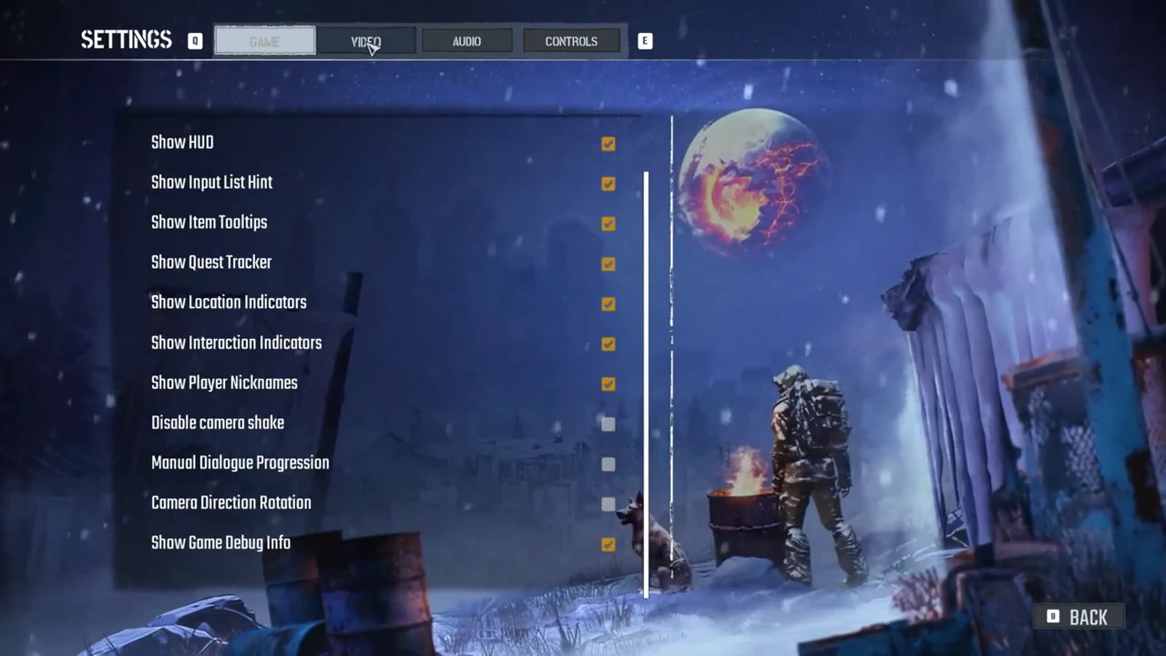 The Settings menu open on the Game tab with the cursor hovering over the Video tab
