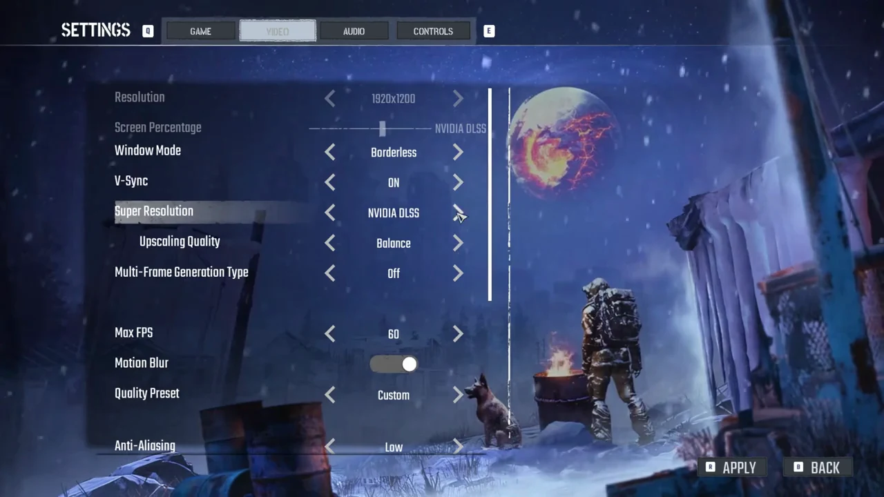 The Video tab with Super Resolution set to NVIDIA DLSS