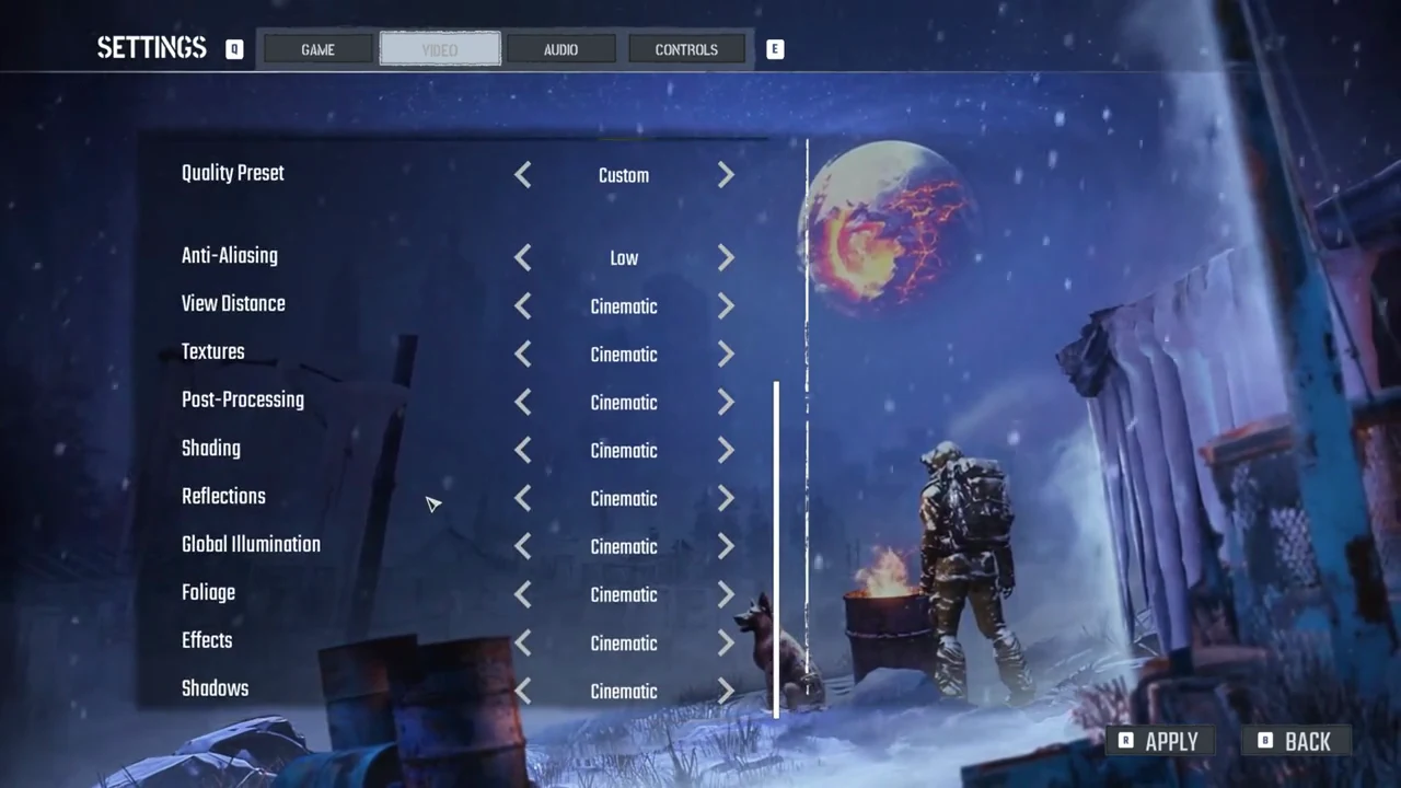 The Video tab scrolled to the detail rows with the Reflections row highlighted on Cinematic
