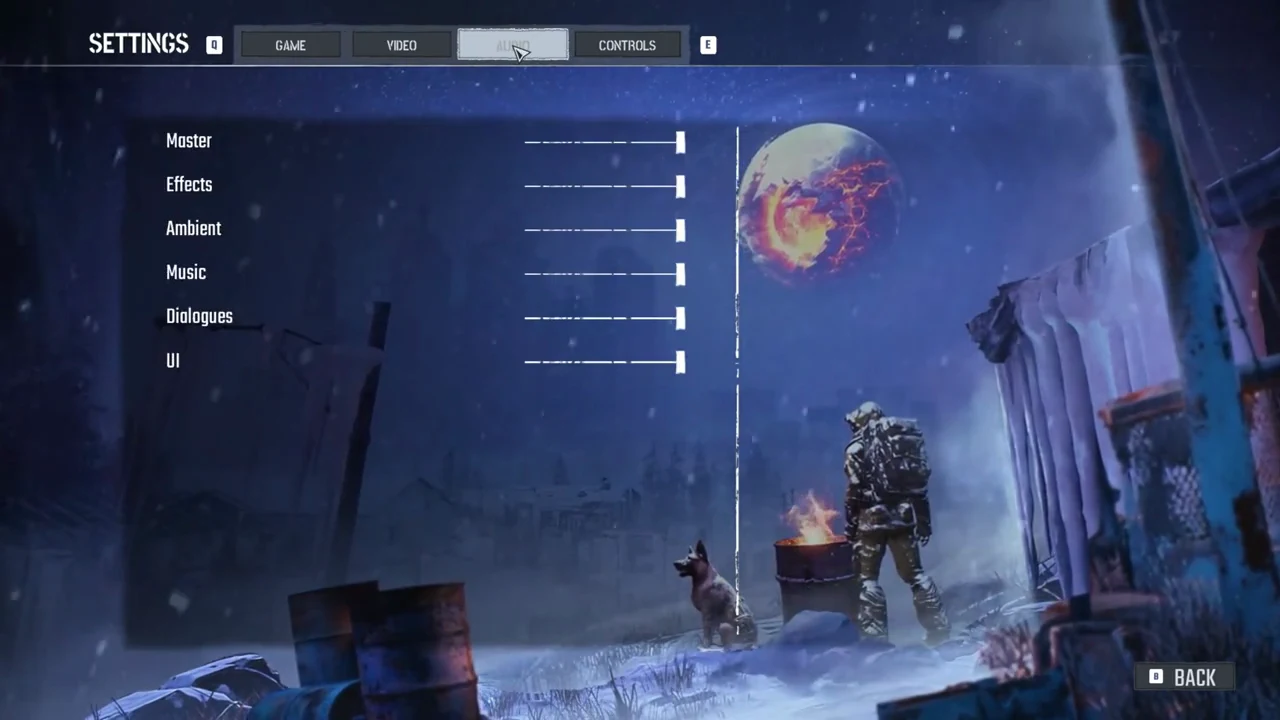 The Audio tab showing six volume sliders