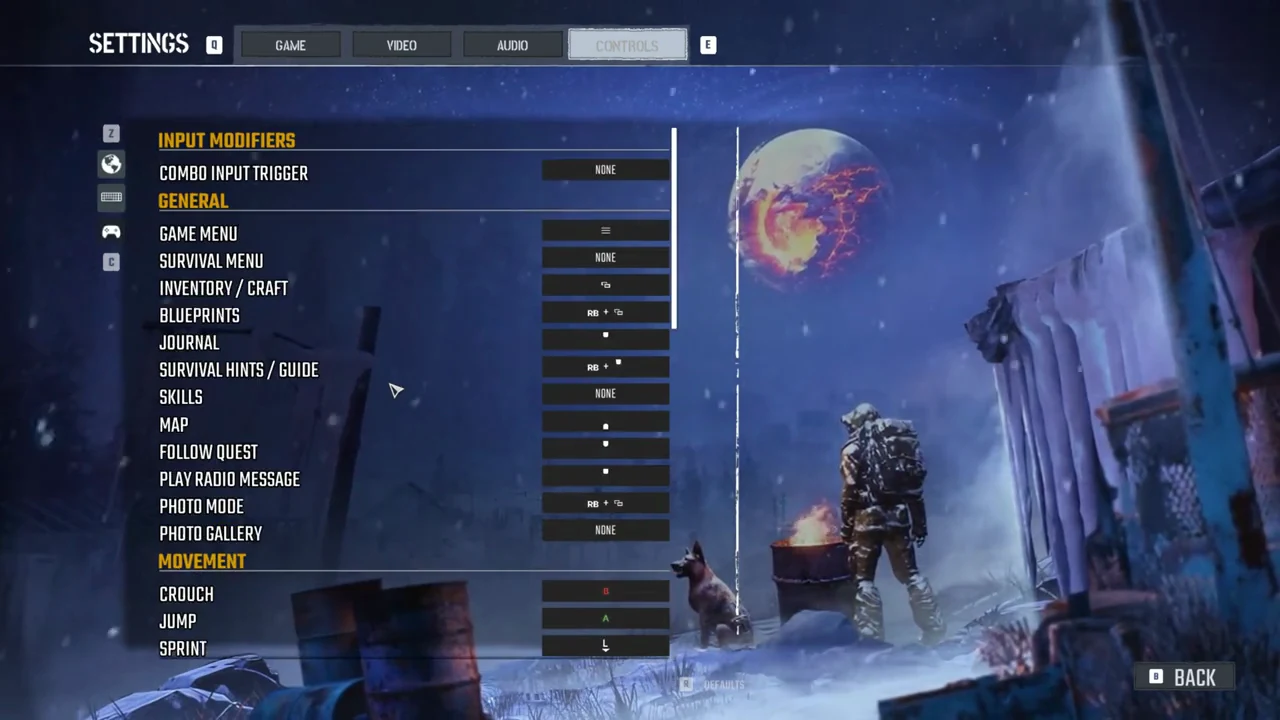 The Controls tab showing General and Movement key bindings
