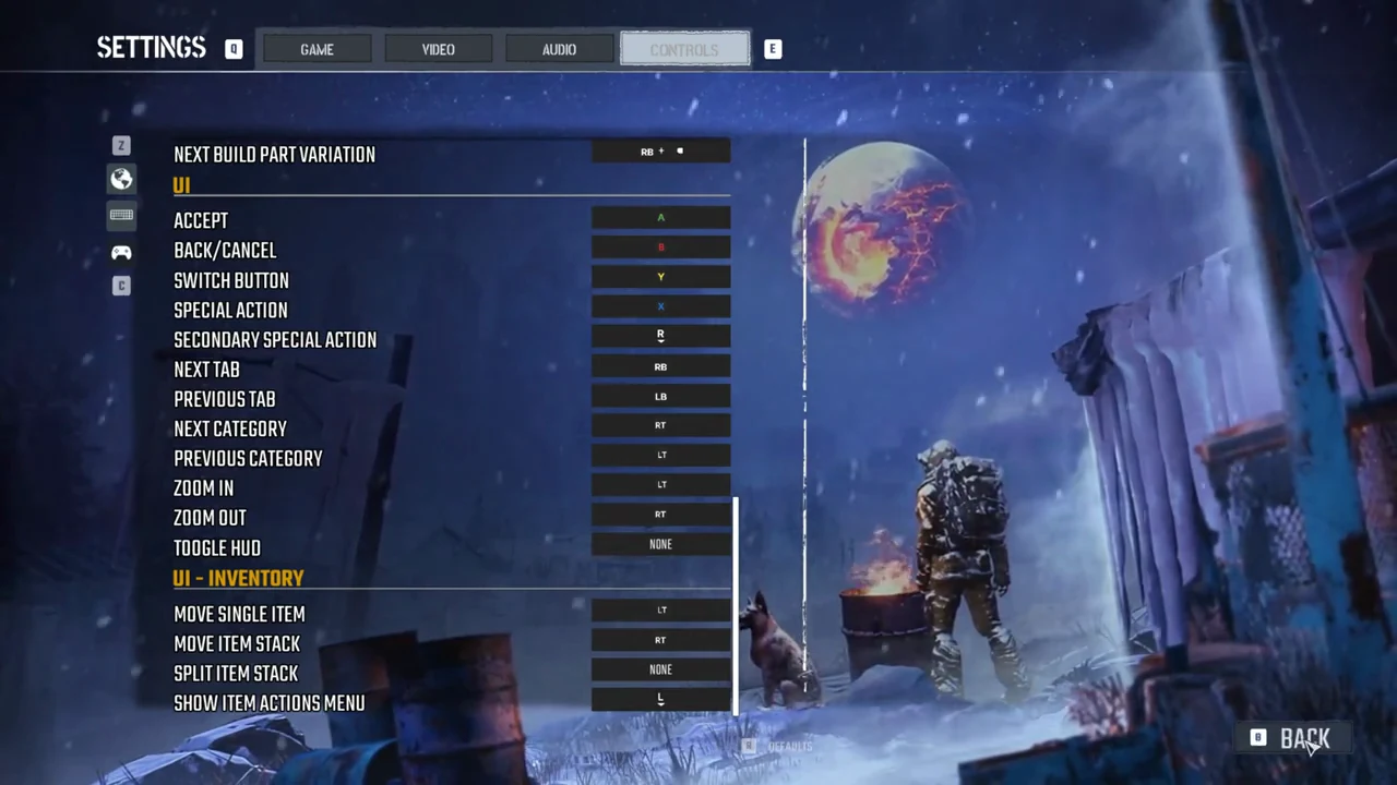 The Controls tab showing controller bindings for UI and inventory actions