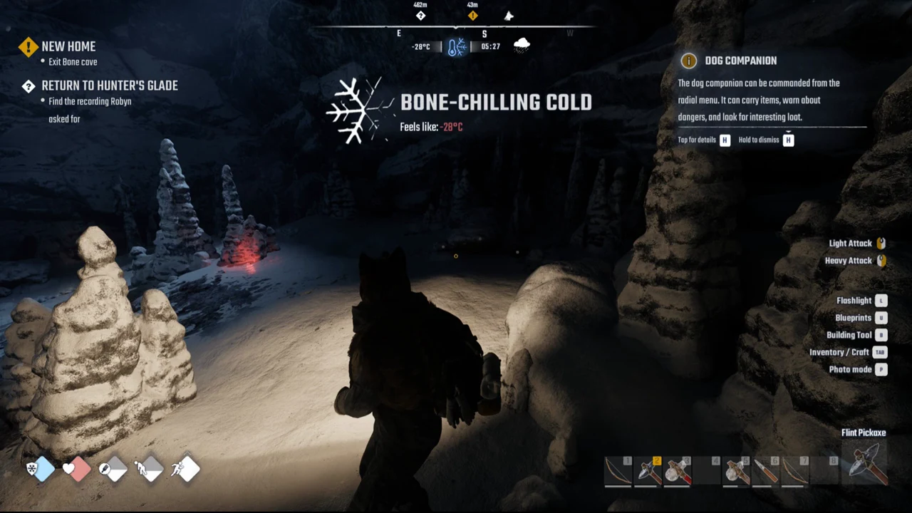Dog Companion tutorial panel open in a frozen cave during a bone-chilling cold warning