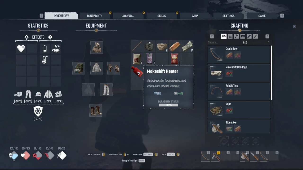 Inventory screen with the Makeshift Heater selected, showing its value and durability
