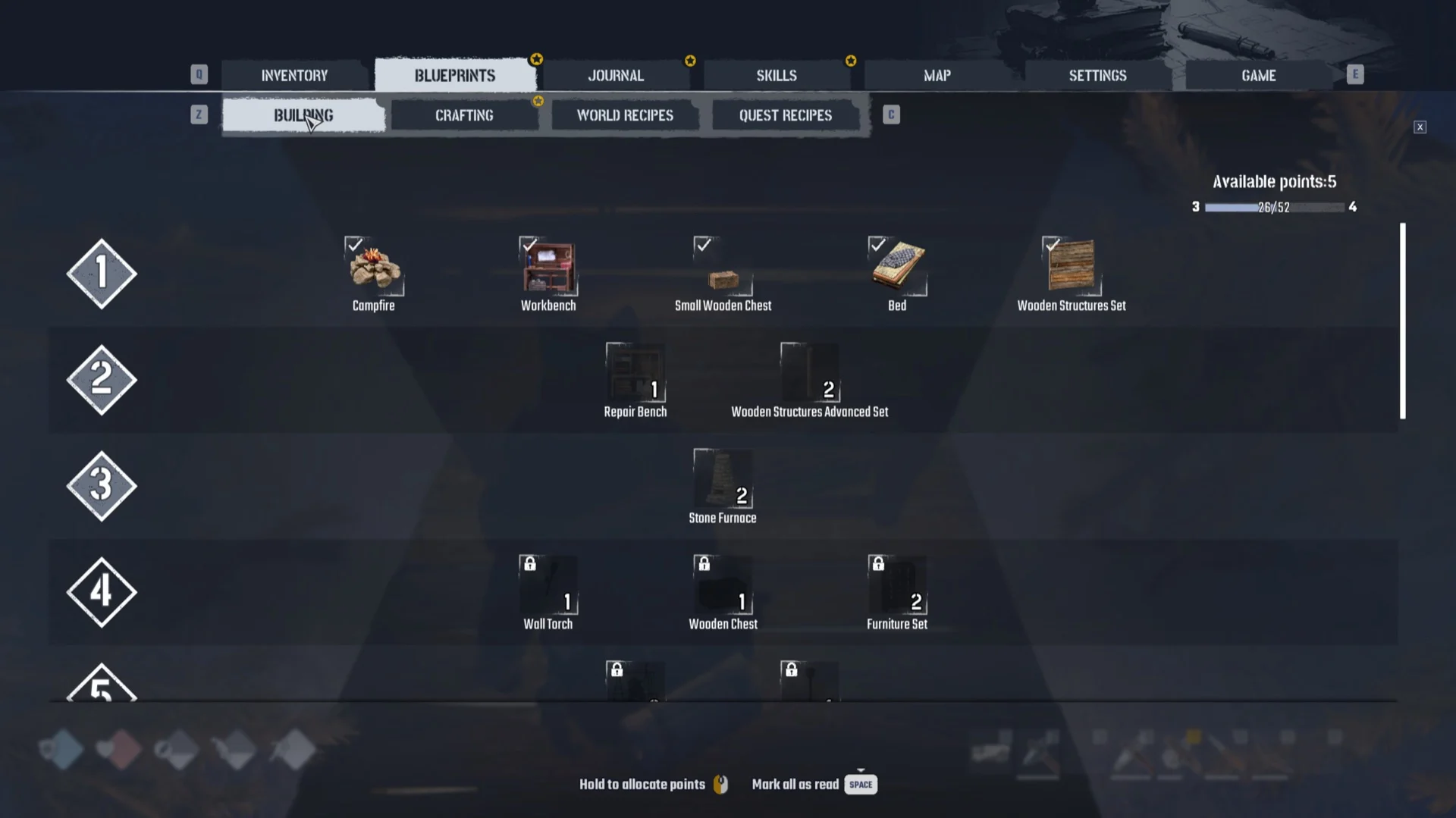Blueprints BUILDING page at Building level 3 with 5 points available and the Stone Furnace on tier 3