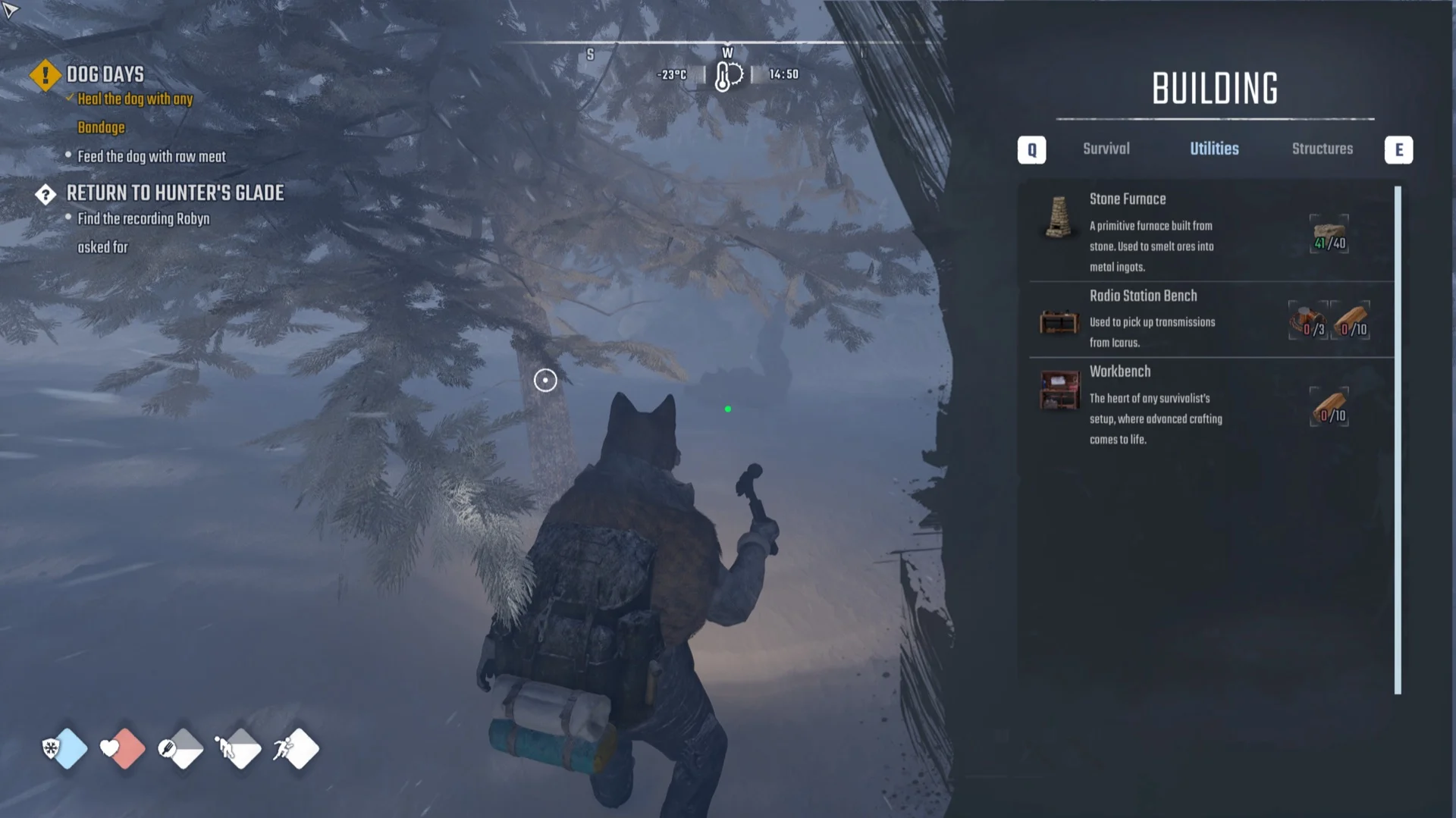 BUILDING menu on the Utilities tab listing Stone Furnace above Radio Station Bench and Workbench