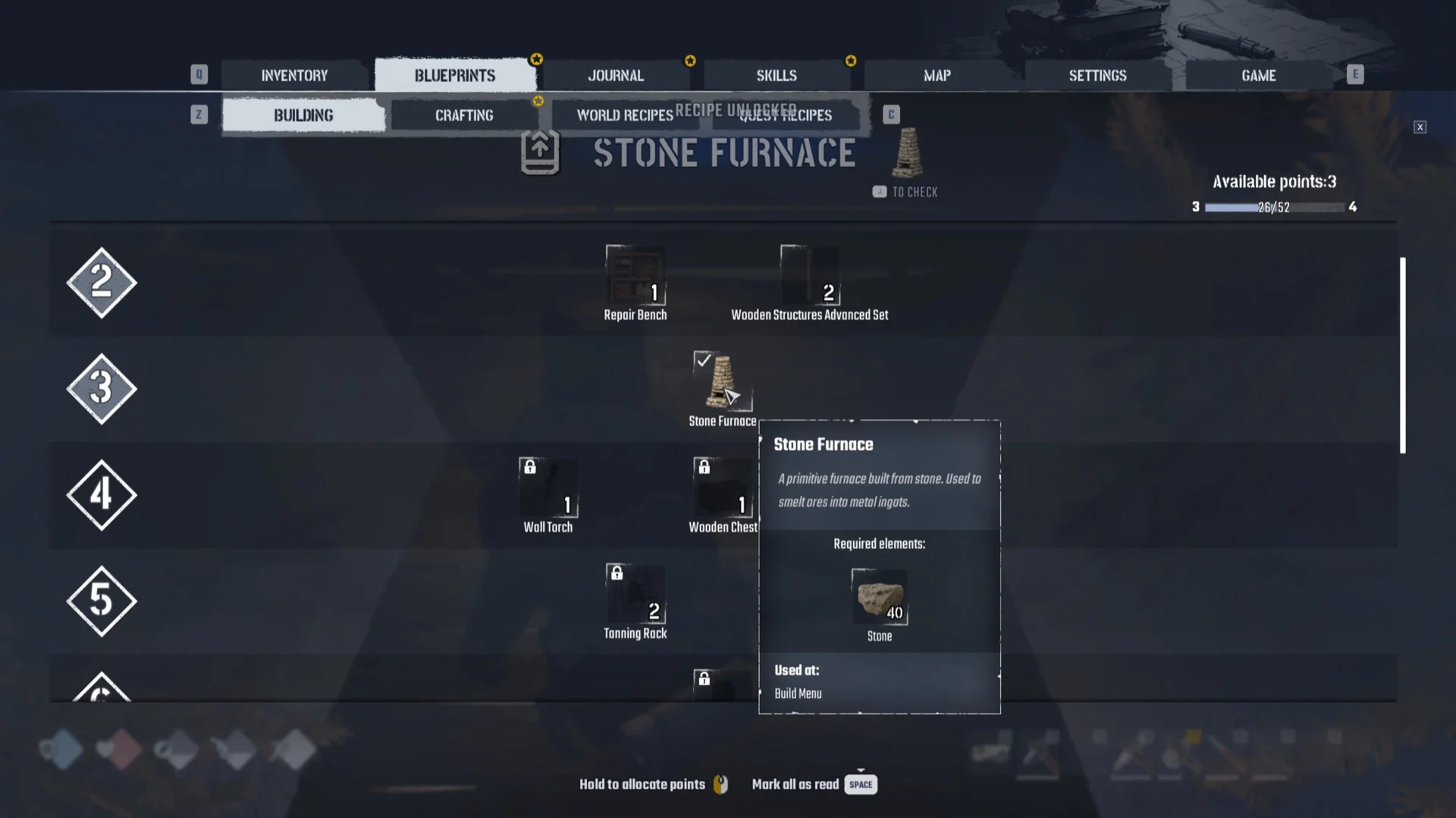 Blueprints page with the banner RECIPE UNLOCKED: STONE FURNACE and Available points 3