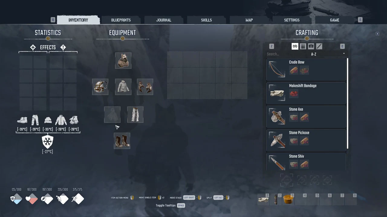 Crafting panel listing recipes including Crude Bow and Stone Axe in the inventory screen