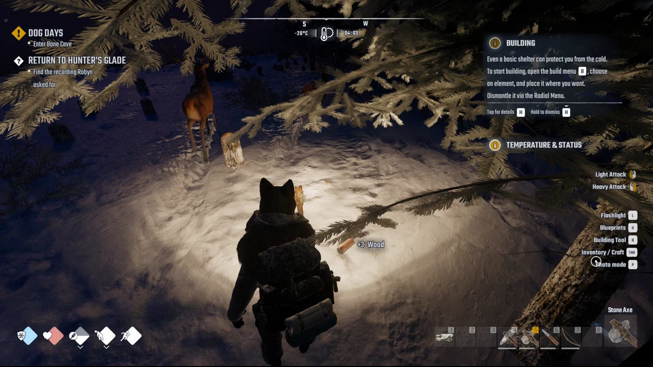 Building tutorial on screen while gathering plus 3 Wood with the Stone Axe equipped on the hotbar
