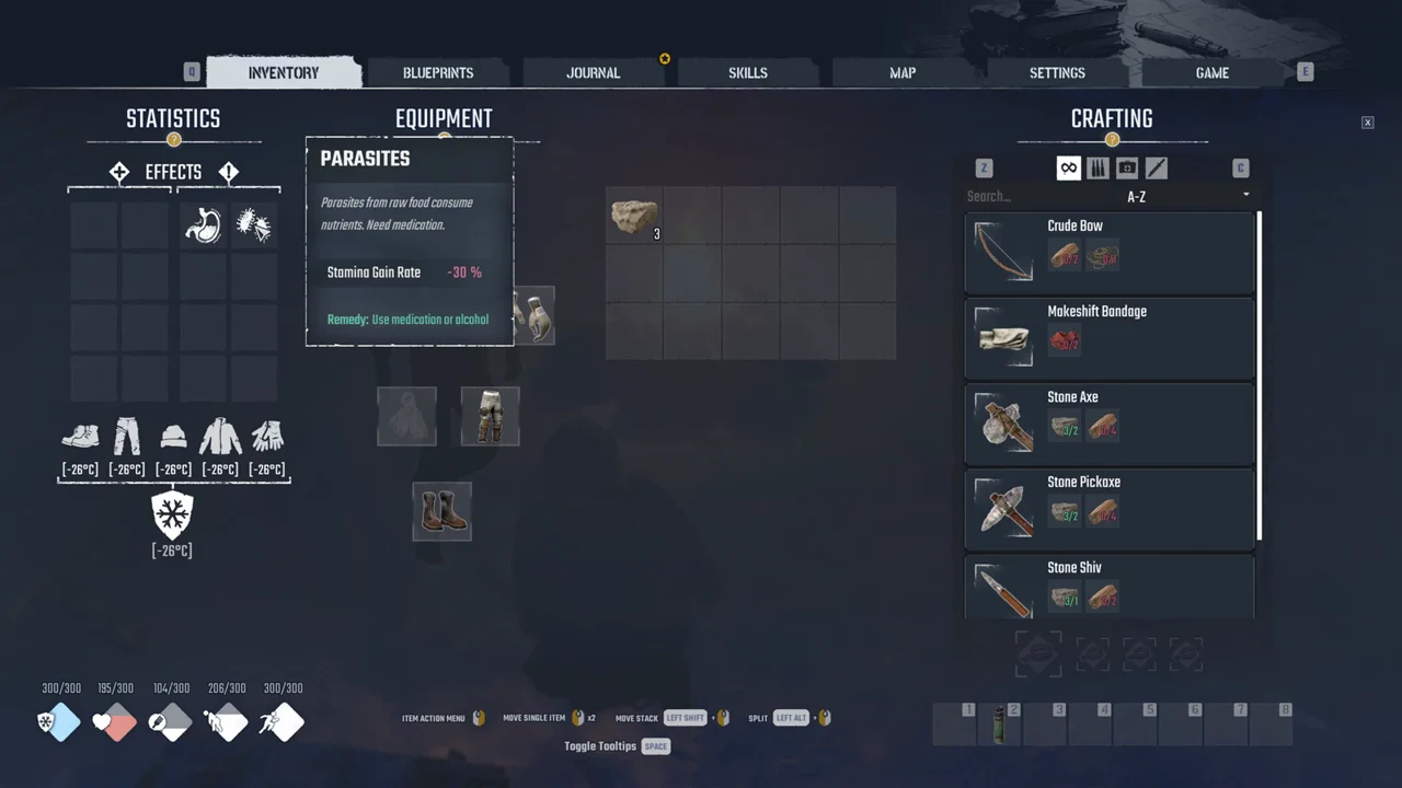 Parasites effect tooltip showing a minus 30 percent stamina gain rate and medication-or-alcohol remedy