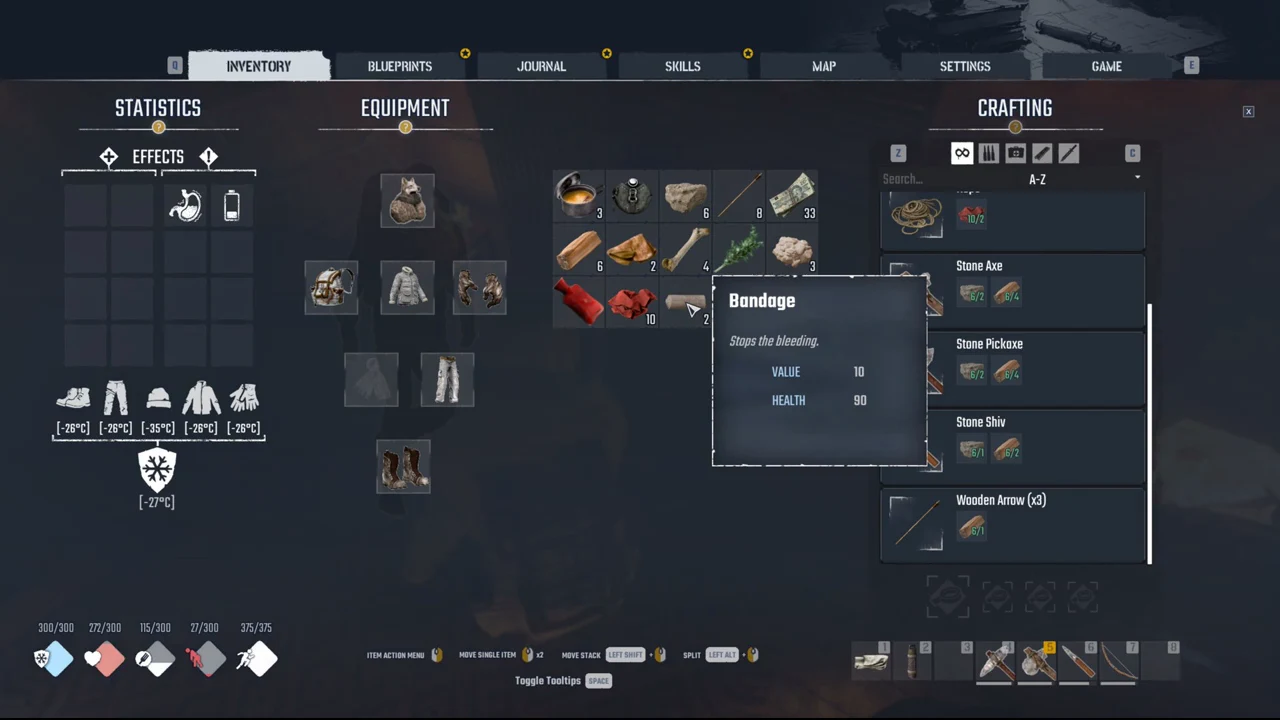 Bandage item tooltip showing it stops bleeding with value 10 and HEALTH 90
