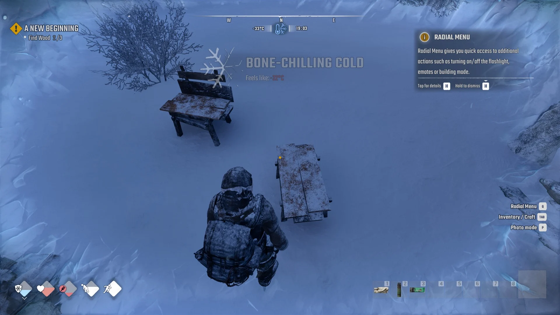 BONE-CHILLING COLD banner over a snowy bench at 19:03 with the readout at -33°C on Survival