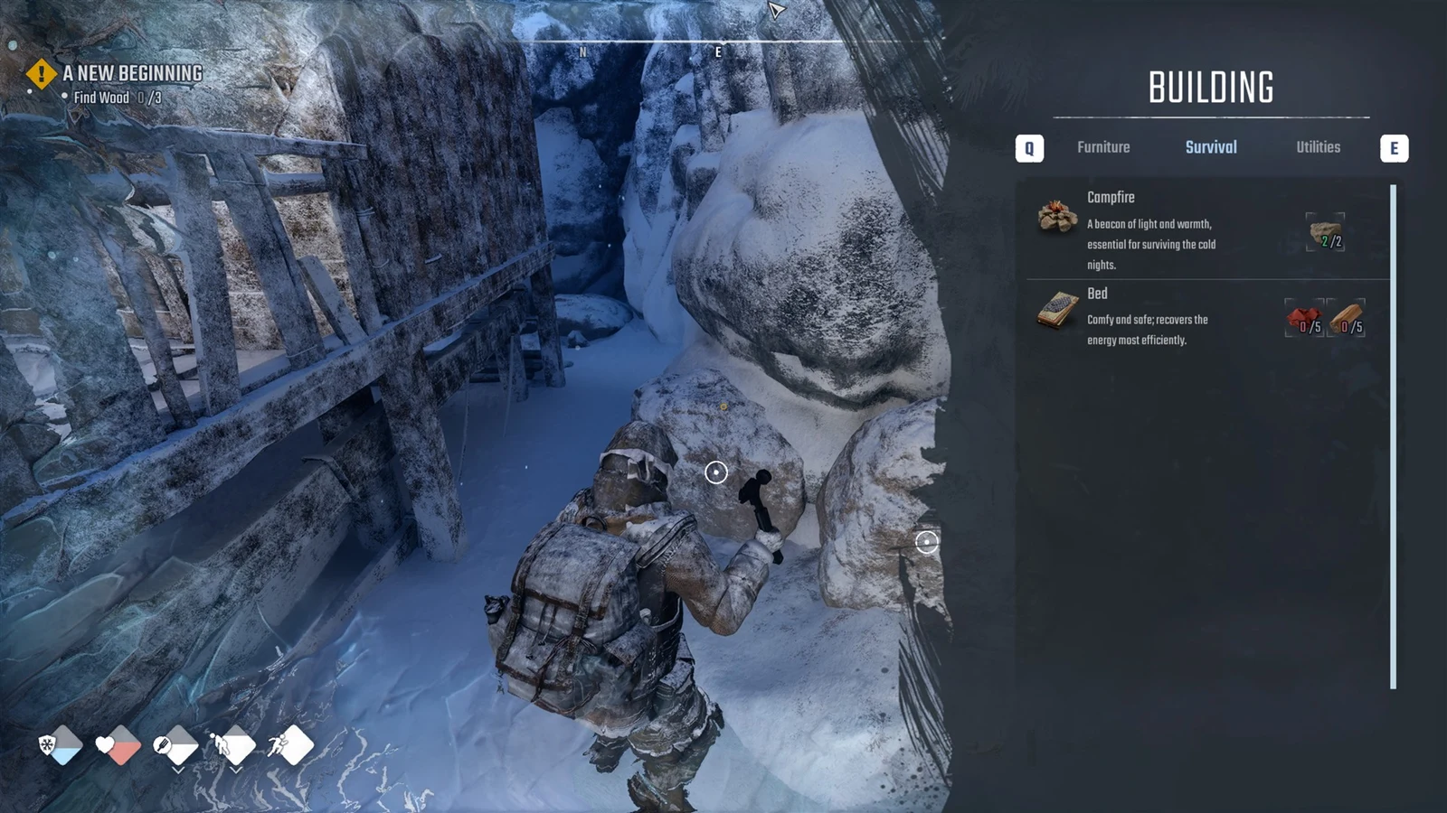 Building menu open on the Survival tab over a snowy gorge, listing Campfire and Bed recipes with material costs.