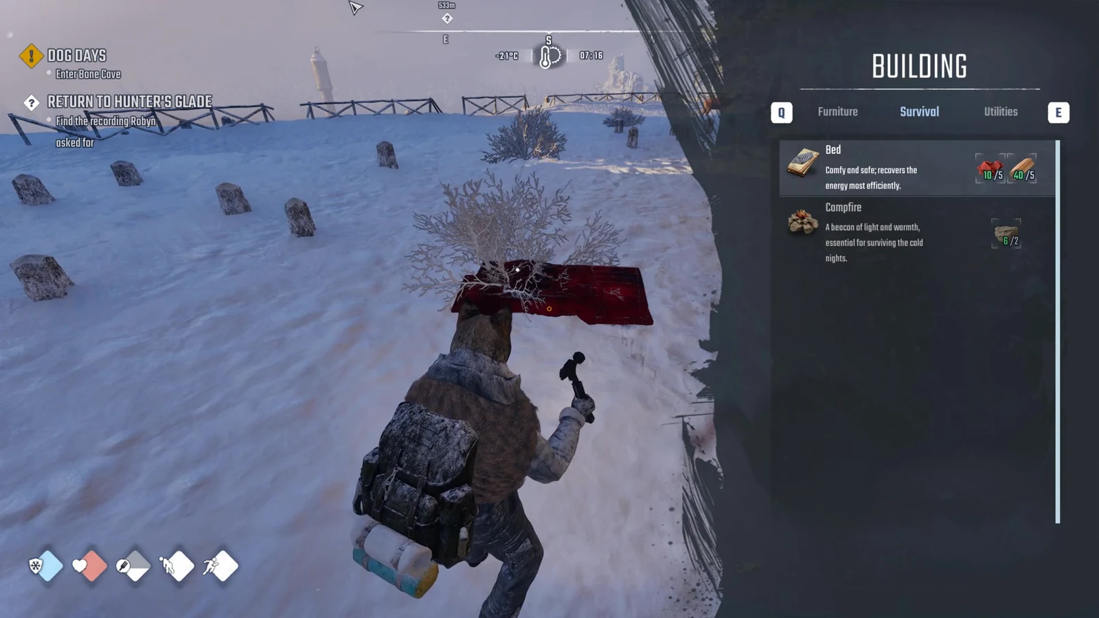 Player holding a hammer in snow with a red bed placement preview and the Building menu open on Survival.
