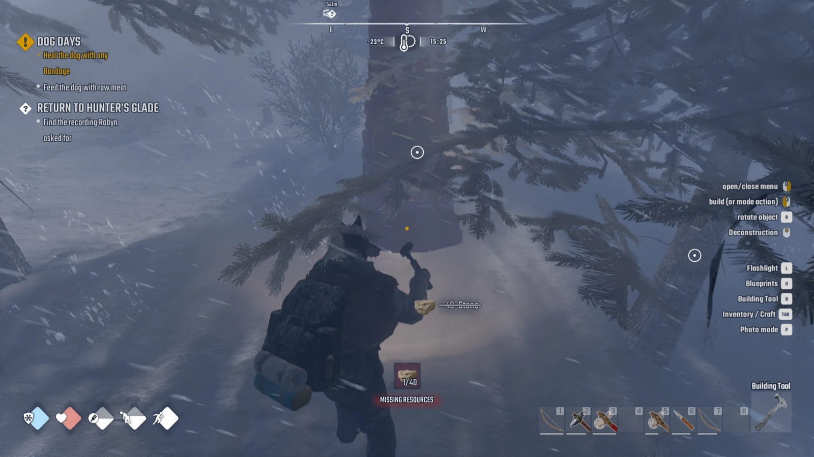 Character with a hammer in a blizzard beside a red-tinted structure ghost, with a Missing Resources warning and 1/40 stone counter.