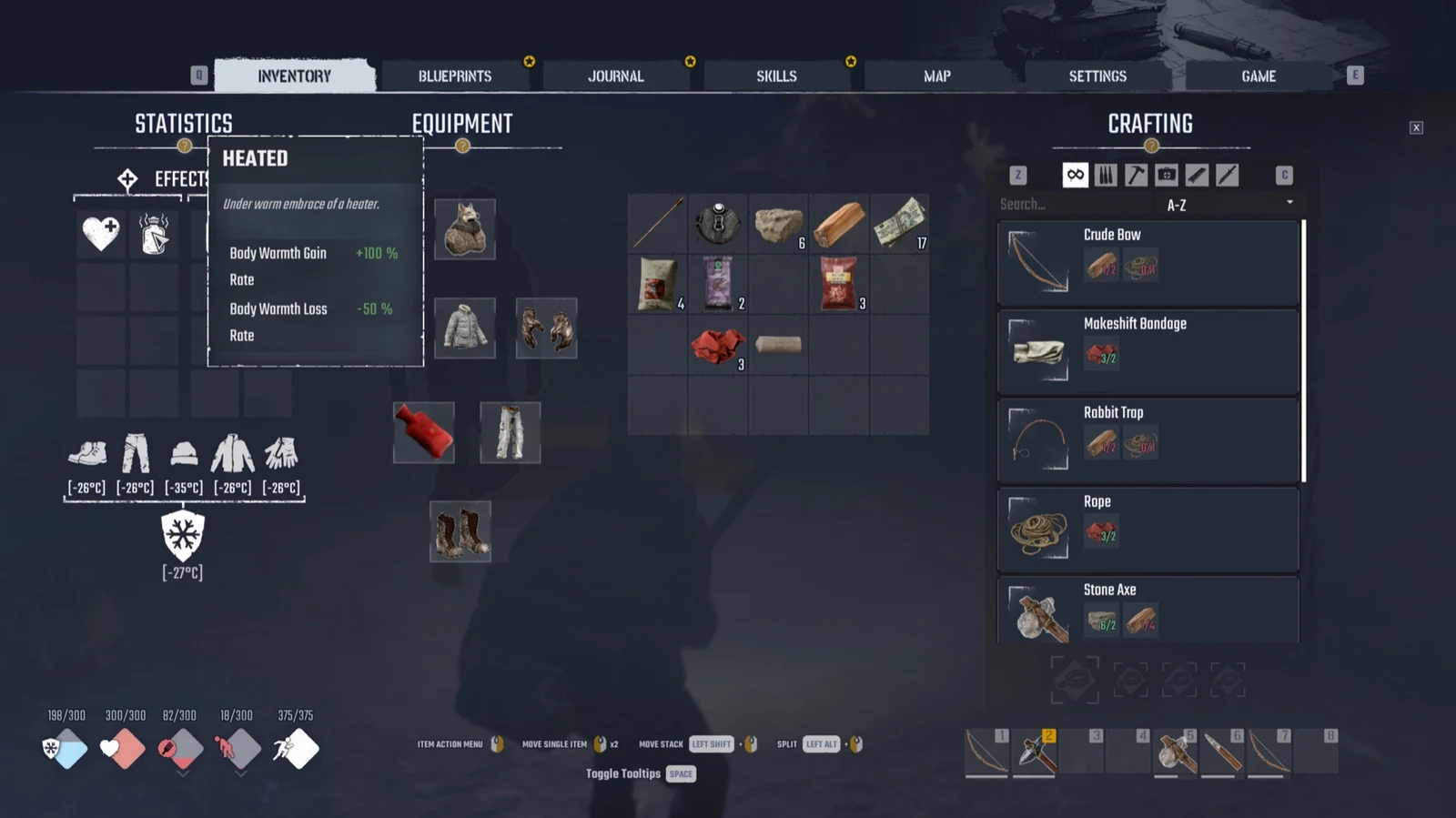 Inventory menu with a Heated effect tooltip, equipped clothing, backpack items and a crafting list on the right.
