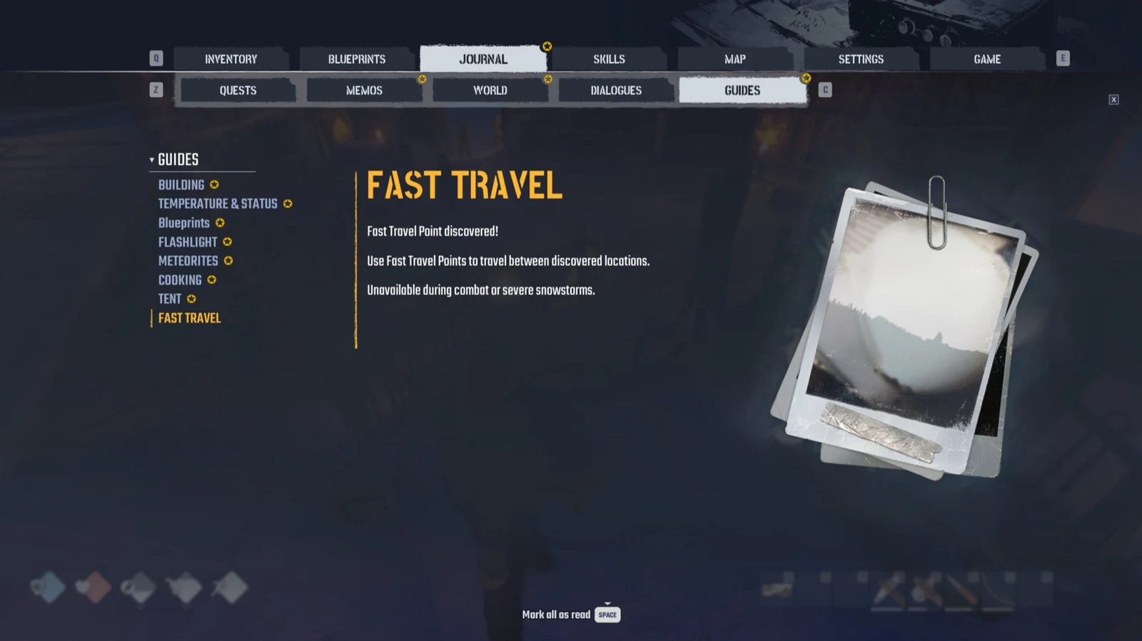 Journal menu on the Guides tab with the Fast Travel entry selected, showing its text beside a pinned photograph.