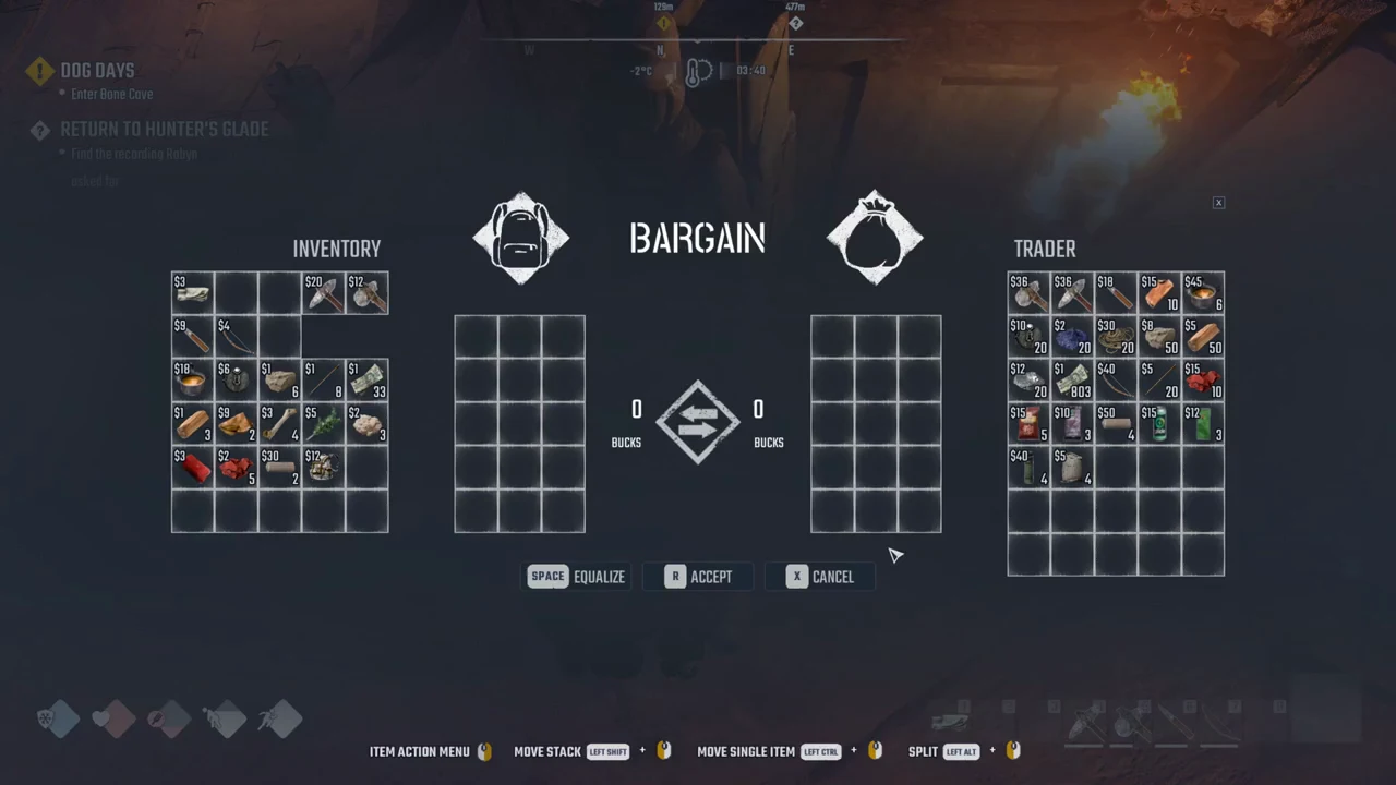 The Bargain barter screen with player inventory on the left and The Mule's stock on the right