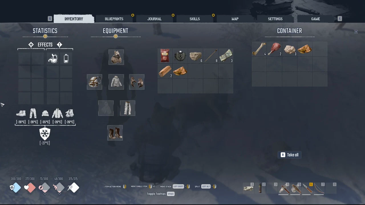 Container panel showing bones, meat and fat with the R Take all button