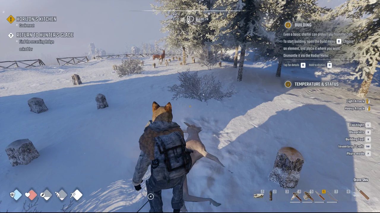Snowy clearing with tree stumps and deer, a building tutorial panel on screen