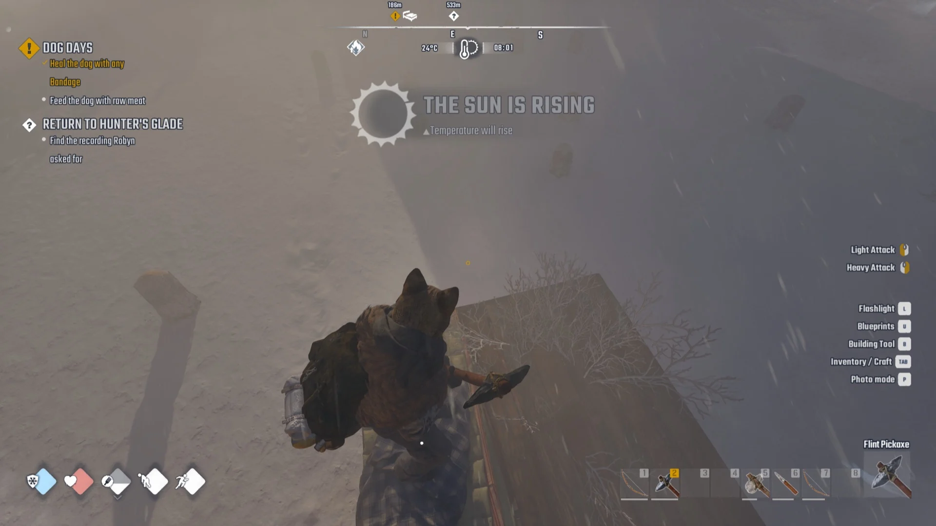 A survivor standing by a bed on a wooden foundation at dawn under the banner THE SUN IS RISING