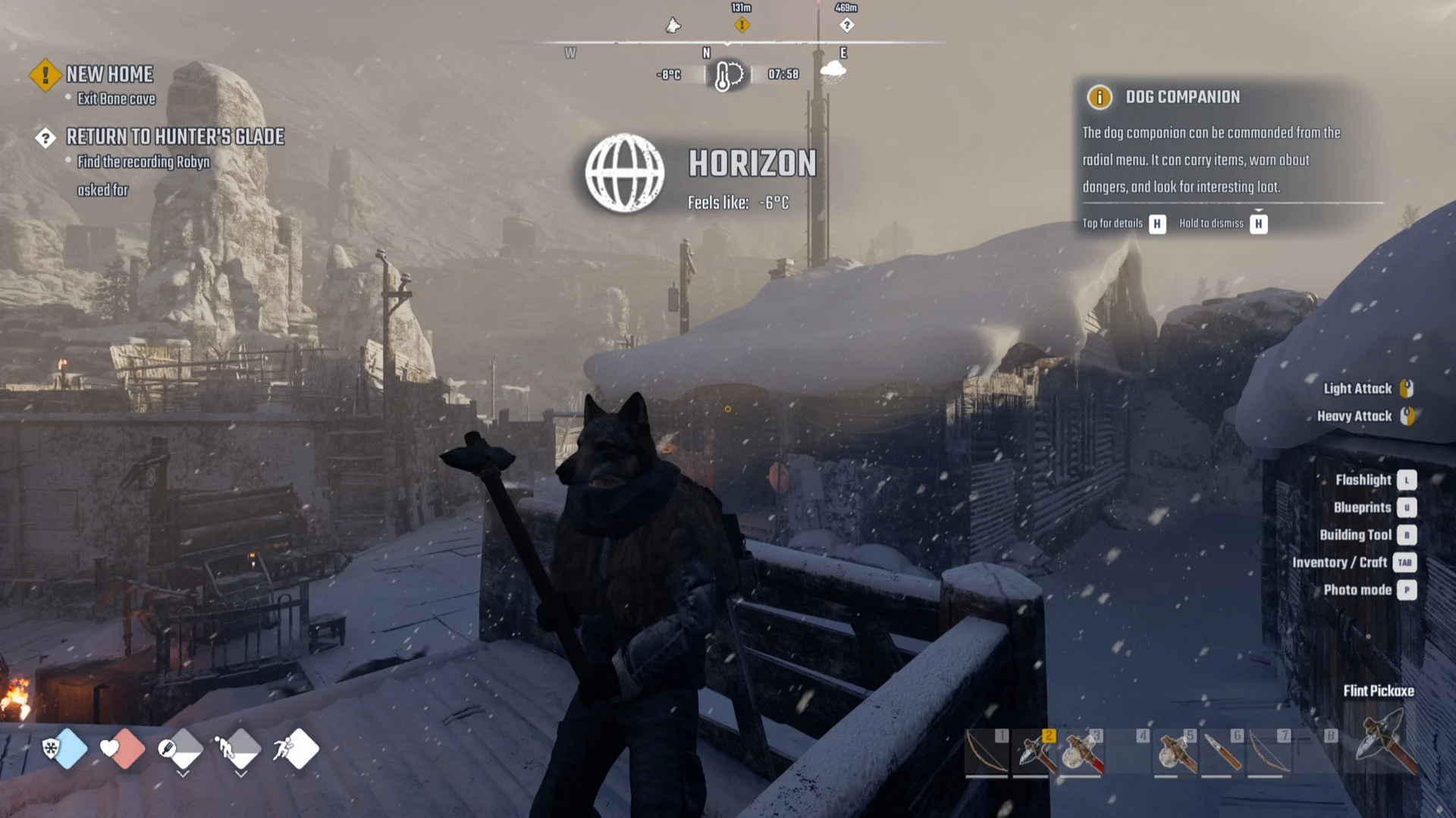 A survivor on a snowy wooden walkway above Horizon under the banner HORIZON, Feels like -6°C
