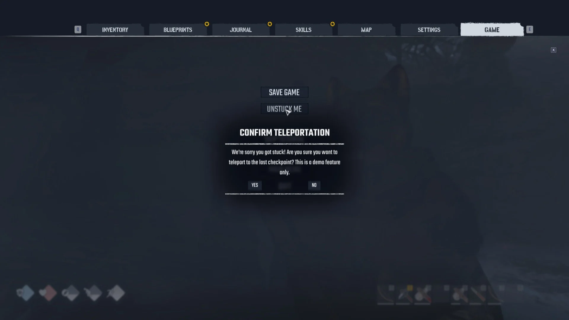 GAME tab with the CONFIRM TELEPORTATION dialog under UNSTUCK ME, offering YES and NO