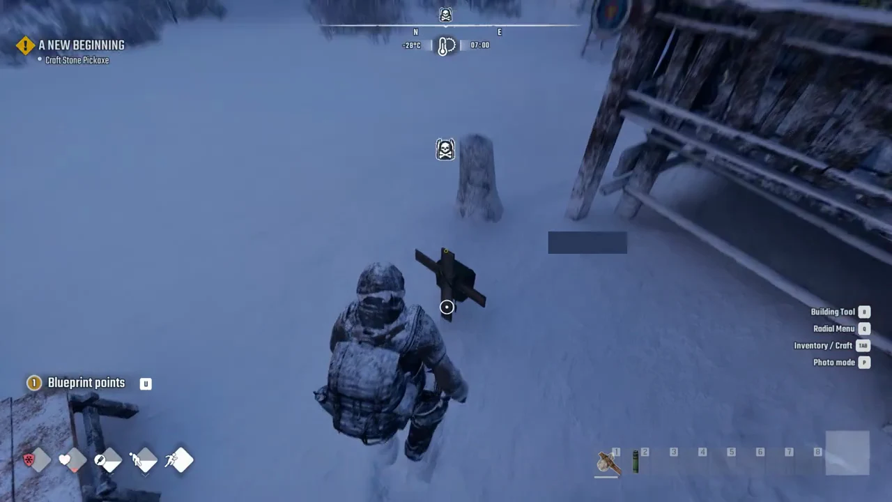 Character aiming at an object in the snow near the death spot with the quest tracker visible