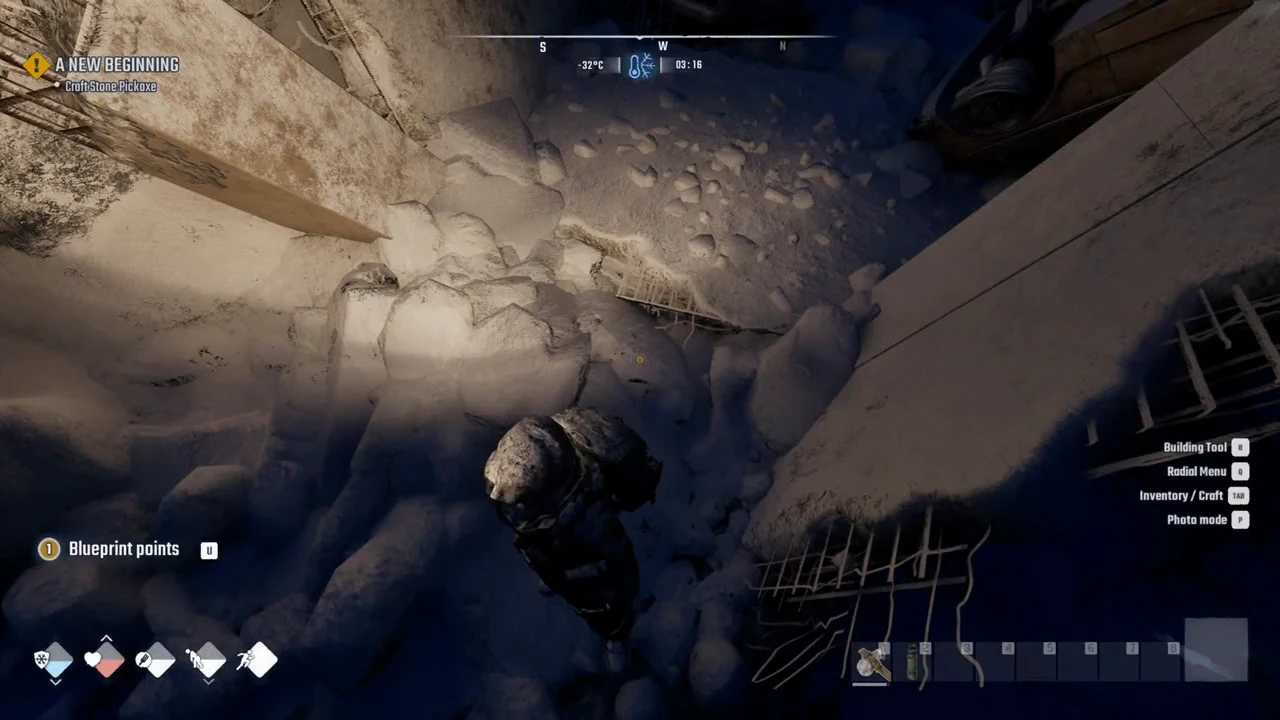 A New Beginning quest tracker showing Craft Stone Pickaxe as the character stands up in the snow