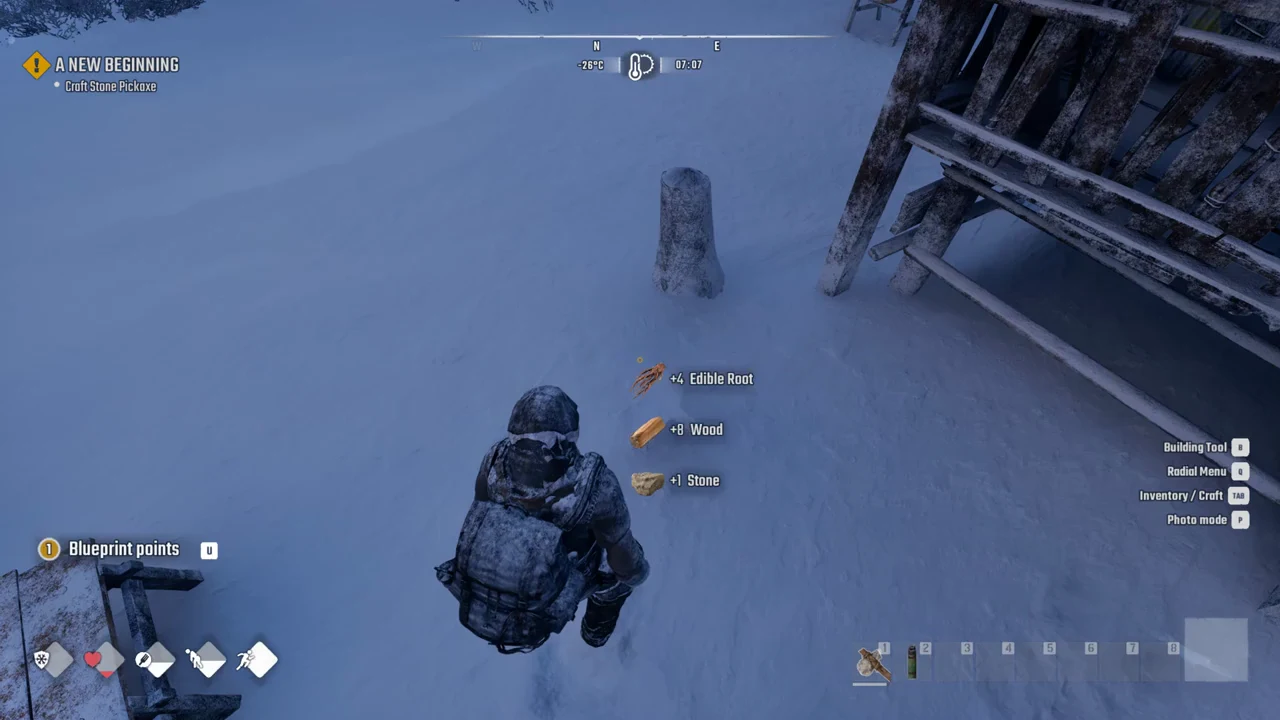 Pickup notifications for Edible Root, Wood and Stone as the wooden cross disappears
