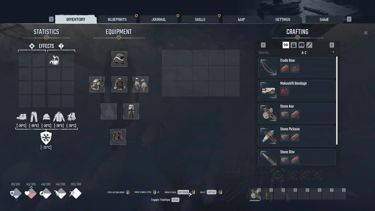 Inventory open to the Crafting panel showing recipes like Crude Bow with their material costs