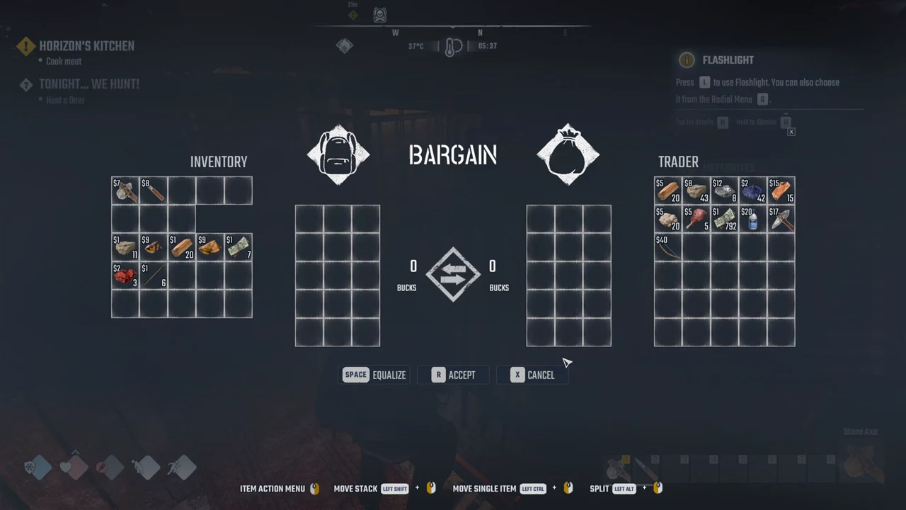 BARGAIN trade screen comparing your inventory prices against a trader's stock before placing items to swap