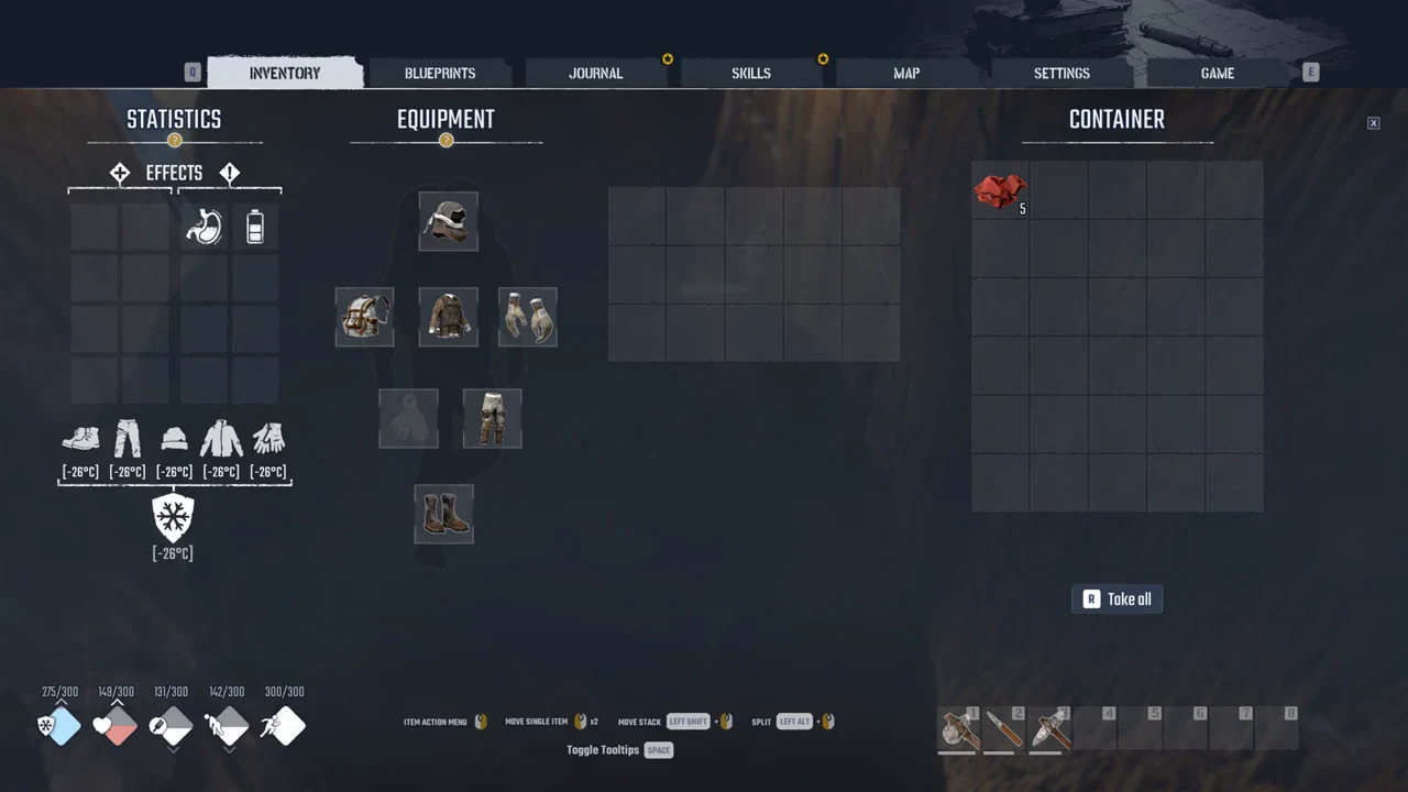 Container panel on the Inventory screen holding five red Cloth items with the Take all prompt
