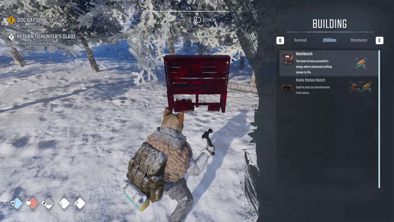 Workbench selected in the Utilities tab with a red placement preview sitting on bare snow