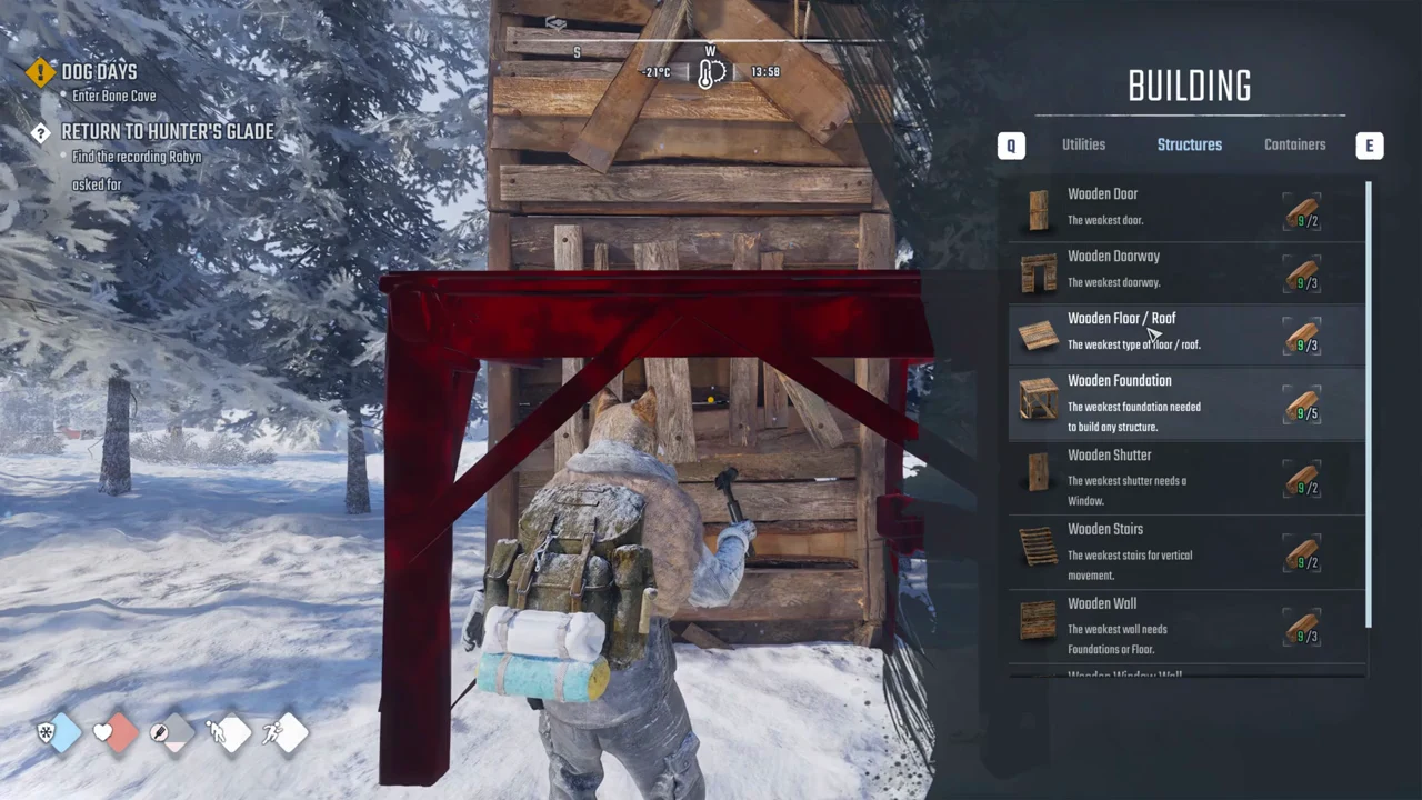 Wooden Floor / Roof option highlighted in the Structures tab
