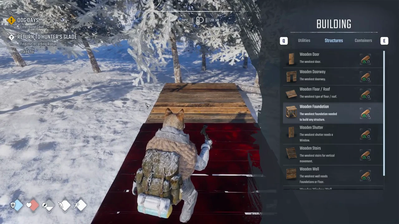 Wooden Foundation highlighted in the Structures tab with its placement preview on the snow