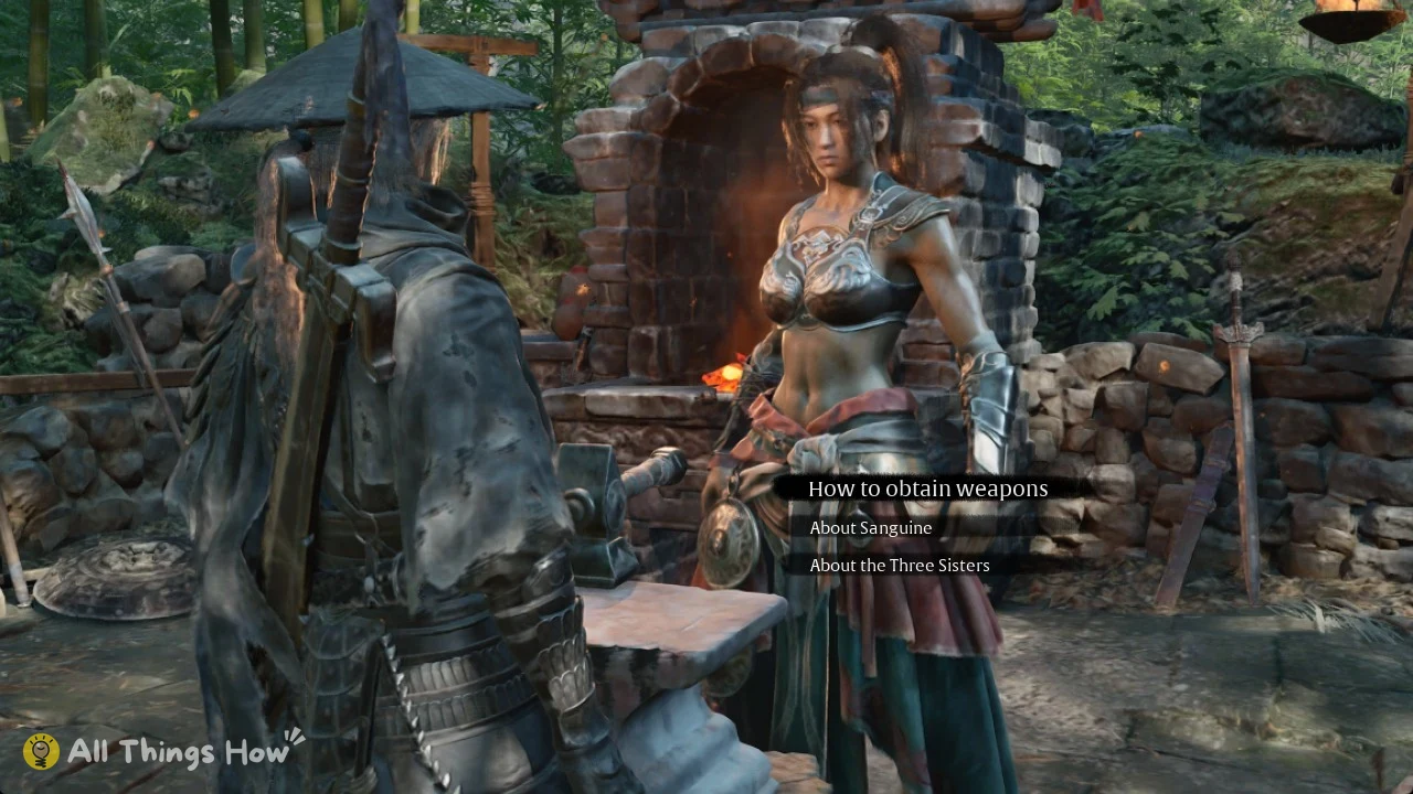 Armored woman stands before a stone forge facing the hooded player, with three dialogue options beside her.