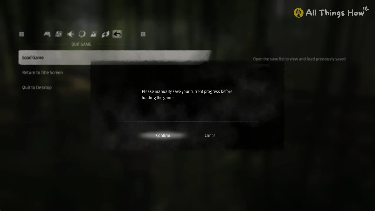 Dark pop-up over the Quit Game menu warning to save progress before loading, with Confirm and Cancel buttons.