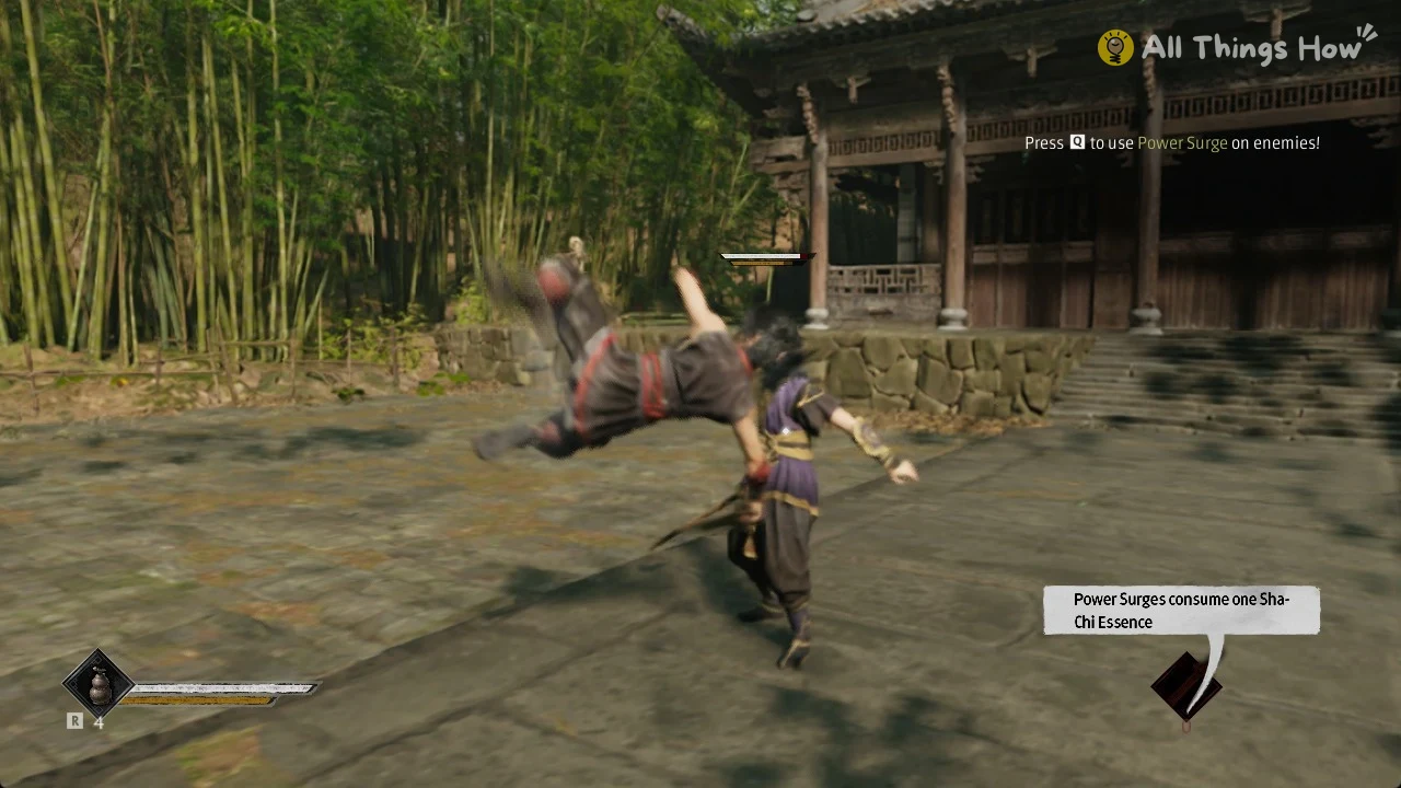 Phantom Blade Zero heroine landing her staff Power Surge on Zuo Shang in the temple courtyard