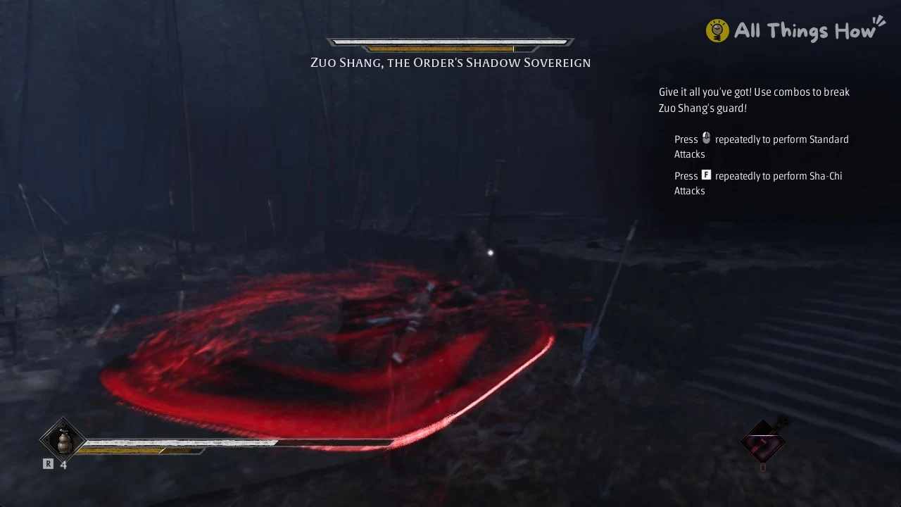 Red ring on the ground around Zuo Shang during his Red-flash spin in the Phantom Blade Zero duel