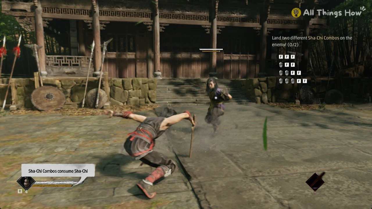 Phantom Blade Zero heroine mid Sha-Chi Combo in a temple courtyard with the tooltip Sha-Chi Combos consume Sha-Chi