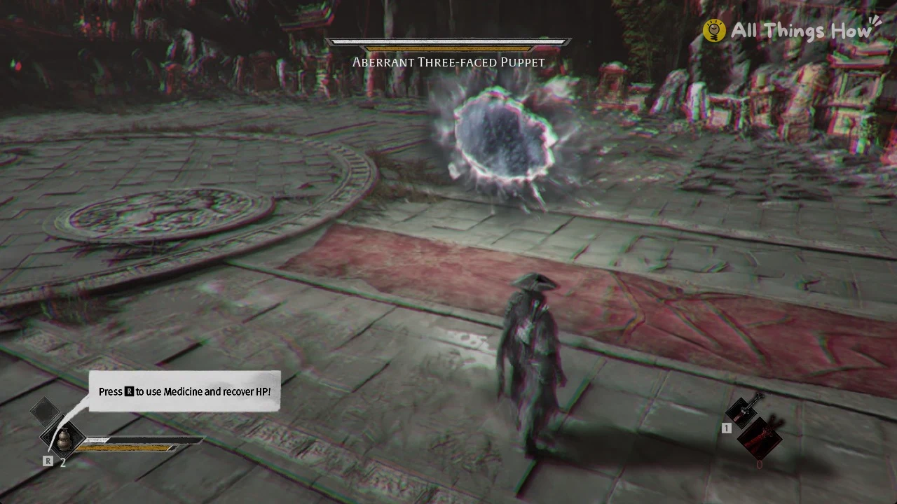 A dark portal-like sphere on the plaza during the Aberrant Three-faced Puppet fight in Phantom Blade Zero