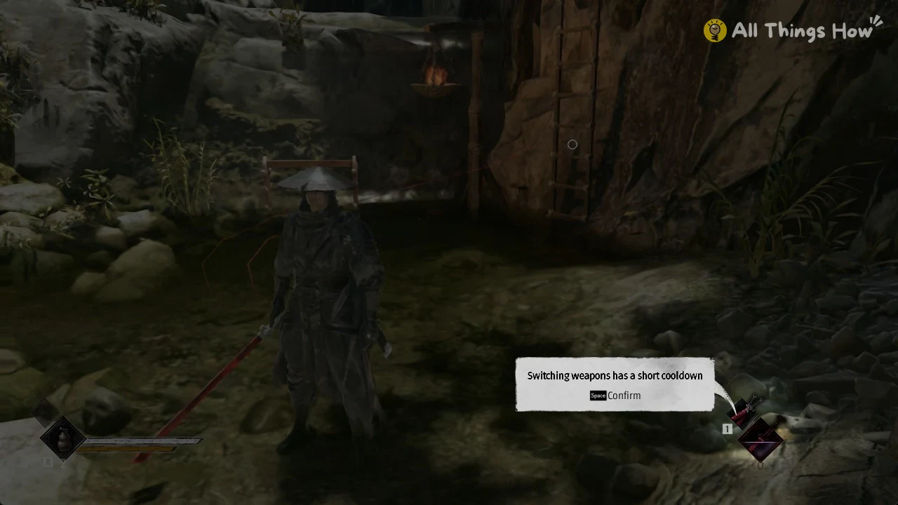 Soul holding Sanguine by the stream with the Switching weapons has a short cooldown tutorial in Phantom Blade Zero