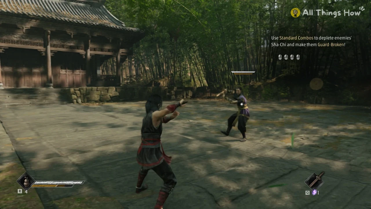 Phantom Blade Zero heroine facing Zuo Shang with the prompt to deplete enemies' Sha-Chi with Standard Combos