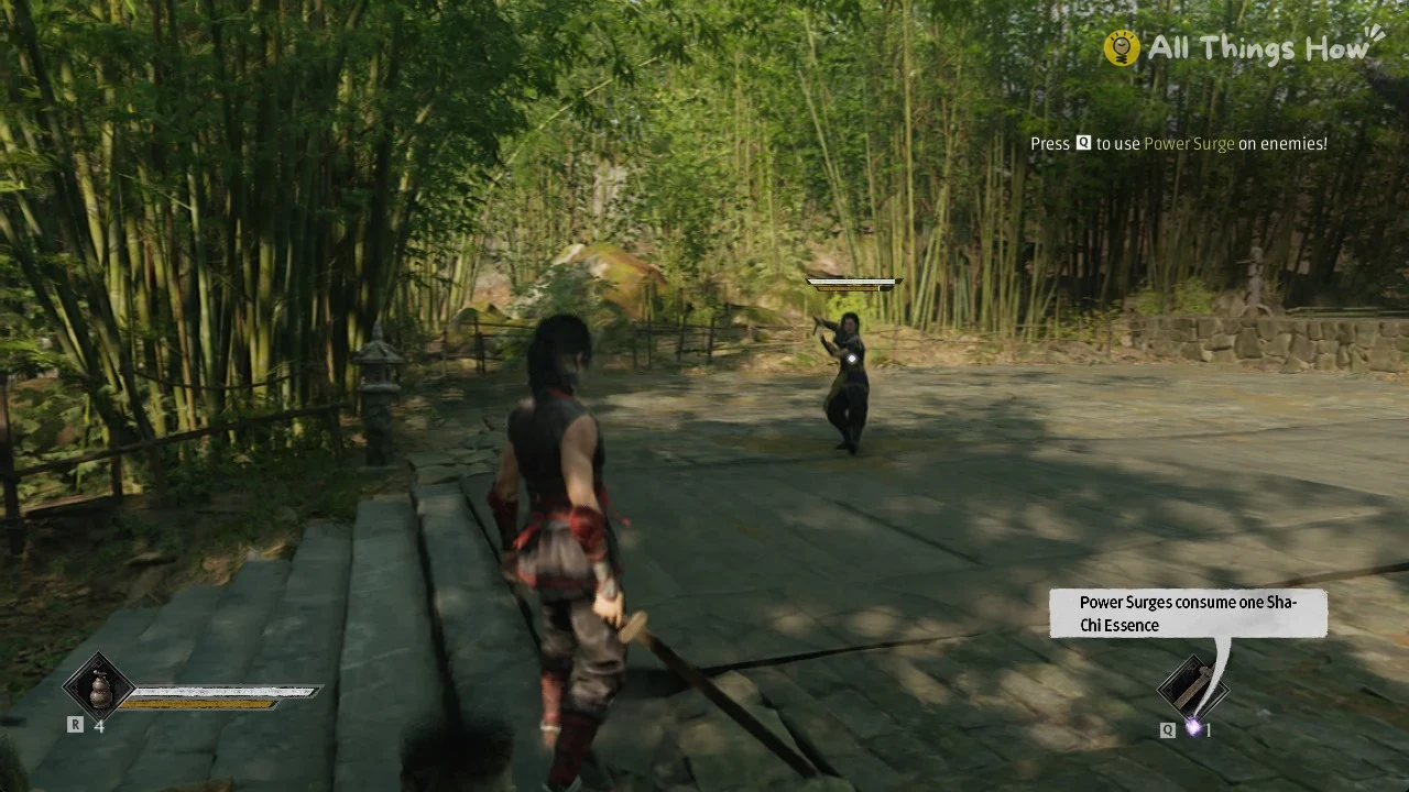 Red-clad swordswoman on stone steps faces an enemy across a shaded stone courtyard surrounded by tall bamboo.