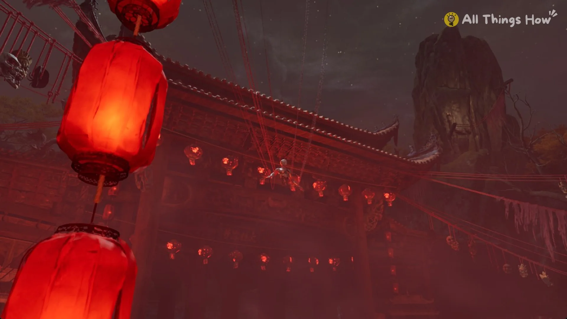 Red lanterns and the temple gate in the Rift arena in Phantom Blade Zero