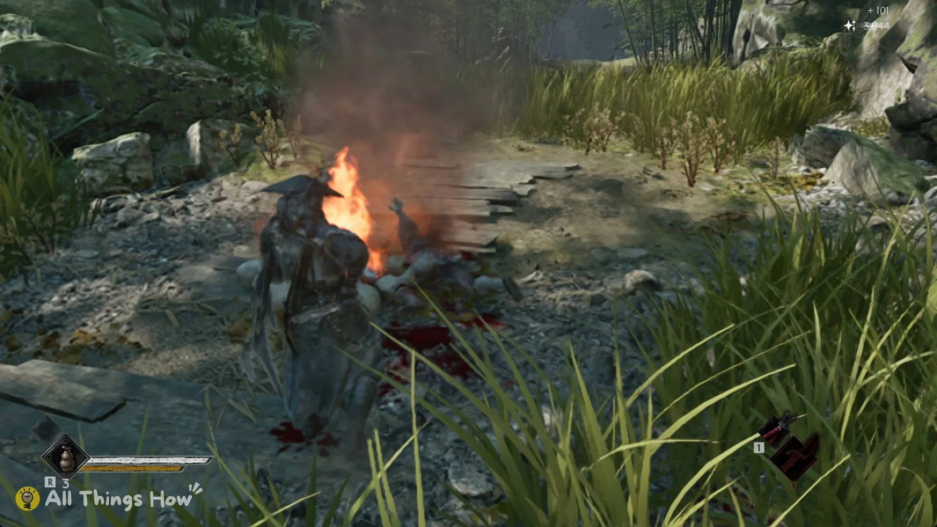 The bandit dead by the campfire with +101 Remnant Dust in Phantom Blade Zero